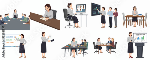Diverse Business People Illustration Set at Meetings and Presentations in Office