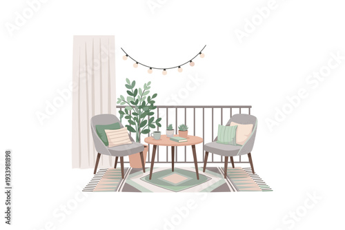 Cozy balcony patio furniture setup with comfortable chairs, a small table, potted plants, and string lights creates a relaxing outdoor space for leisure.