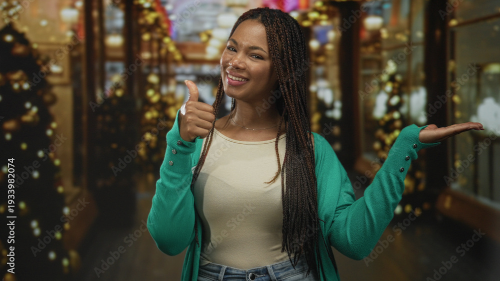 Fototapeta premium Woman points finger to palm in decorated building corridor wearing green cardigan and jeans, presenting open hand to camera with a smile; holiday joy.