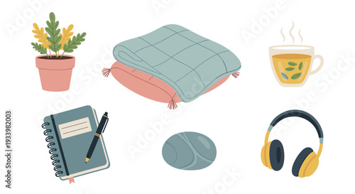 Various cozy items for a relaxing day at home, including a potted plant, soft blanket, steaming tea, notebook, smooth stone, and headphones.