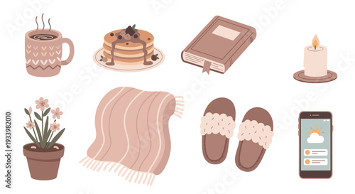 Collection of cozy comfort items arranged for a relaxing day at home, featuring a warm drink, pancakes, a book, and soft slippers.