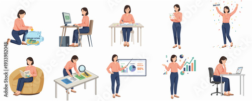 Simple Flat Illustration Set of Woman in Various Working Activities