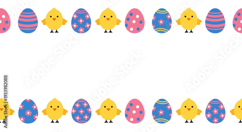 Easter chicks and eggs in various patterns and colors arranged in two rows