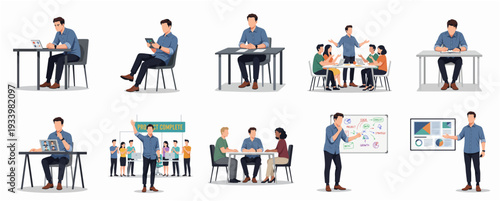 Flat Style Business People in Various Activity and Situation Illustration Set