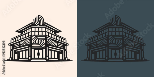 Modern Abstract Building with Wave Patterns Line Art