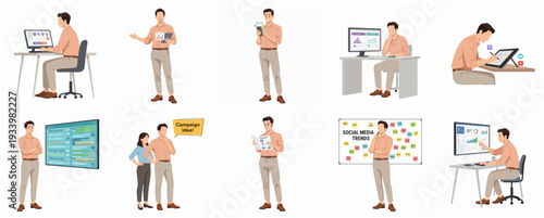 Flat Business Presentation Man in Various Activities and Scenes Illustration Set