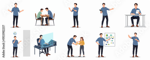 Diverse Poses of Confident Man in Business and Casual Scenarios Illustration