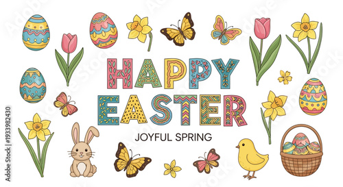 Vibrant Easter celebration with eggs, flowers, and butterflies in joyful spring atmosphere