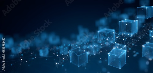 Deep blue futuristic network background with connecting lines and glowing cubes representing global data transmission internet connectivity and large scale cloud infrastructure for business