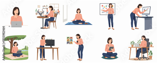 Cartoon Style Character Illustration of Woman Working from Home in Various Situations