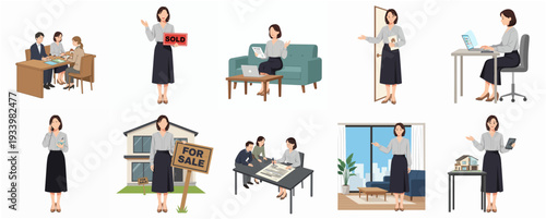 Collection Flat Illustration of Real Estate Agent in Different Poses