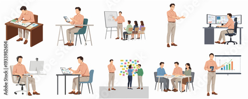 Flat Illustration Set of Businessman in Various Working Scene Activity