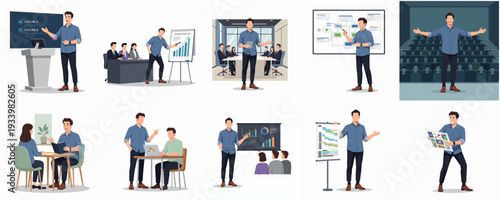 Flat Design Style Various Presentation Scene with Speaker and Audience Illustration