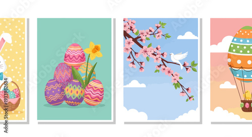 A vibrant easter egg display surrounded by spring flowers and a hot air balloon in the sky