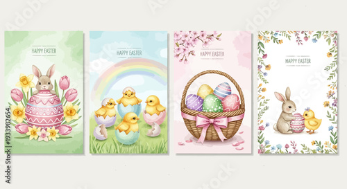 A vibrant collection of Easter-themed illustrations featuring bunny, eggs, chicks, flowers, and baskets in various settings