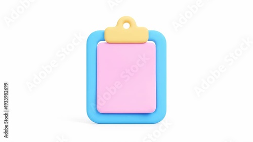 3D Rendering of a Colorful Blank Clipboard. Cute Pink and Blue Cartoon Style Graphic Icon for Checklist, Task Management, Planning, and Business Organization.