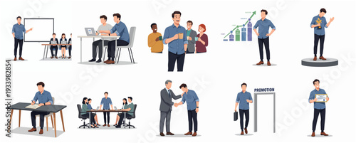 Diverse Flat Style Business Team and Individual Character Poses Set