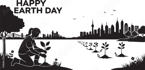 Earth Day illustration of a person planting a tree