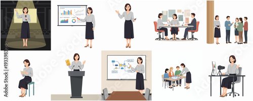 Stylized Flat Character Diverse Presentation Scenario Business People and Workplace Illustration