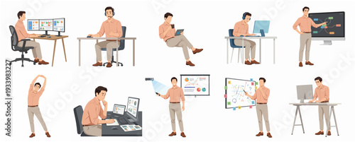 Modern Flat Design Businessman in Various Office Working Activities Set Illustration