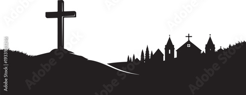 Silhouette of a church and cross on a hill