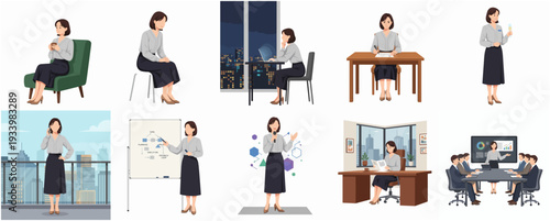 Illustration Set of Elegant Businesswoman in Various Poses and Meeting Scenarios