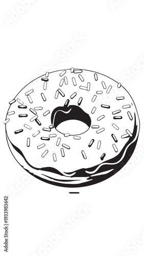 Hand-drawn sprinkled donut with glossy icing and playful bakery presentation.