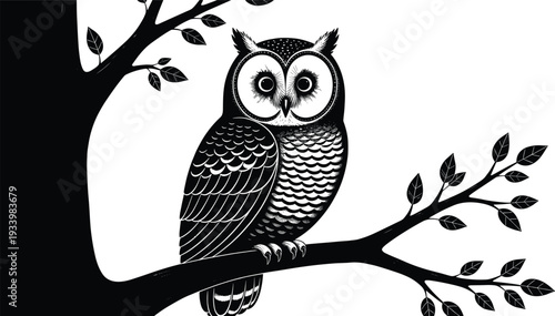 Black and white vector illustration of a wise owl perched on a leafy tree branch isolated on white background for nature and wisdom concepts