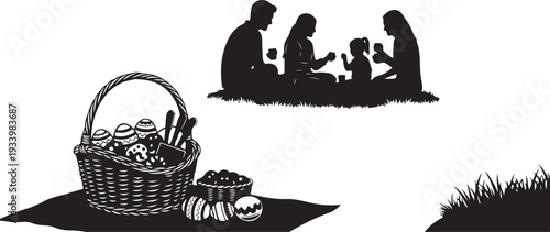Family picnic in the park with basket and food