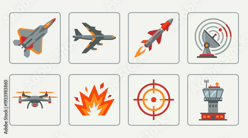 Aerial Warfare Icon Set – Military Aviation Illustrations Featuring Fighter Jet, Bomber, Missile, Radar, Drone, Explosion, Target, and Control Tower Graphics