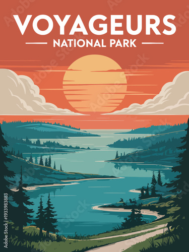 Retro Voyageurs poster, stylized Minnesota national park illustration with lake and orange sun
