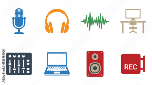 Audio Production Icon Set – Media Illustrations Featuring Microphone, Headphones, Sound Waves, Mixing Console, Laptop, Speaker, Studio Desk, and On-Air Sign
