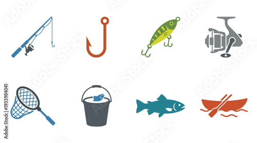Fishing Equipment Icon Set – Outdoor Illustrations Featuring Rod, Hook, Lure, Reel, Net, Bucket, Fish, and Rowboat for Angling Graphics and Recreational Projects
