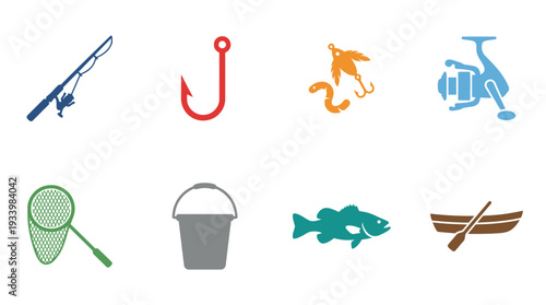 Fishing Equipment Icon Set – Outdoor Illustrations Featuring Rod, Hook, Lure, Reel, Net, Bucket, Fish, and Rowboat for Angling Graphics and Recreational Projects