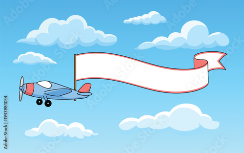 Airplane with blank banner vector, vintage cartoon plane flying in blue sky with fluffy clouds