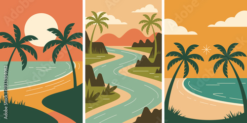 Vintage tropical triptych poster, minimalist continuous beach landscape art with palm silhouettes