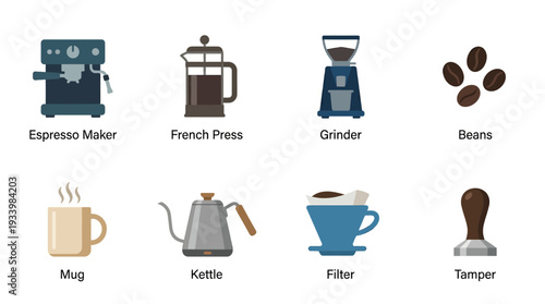 Coffee Equipment Icon Set – Illustrations Featuring Espresso Maker, French Press, Grinder, Beans, Mug, Kettle, Filter, and Tamper for Café Graphics and Barista Projects