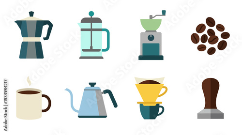 Coffee Equipment Icon Set – Illustrations Featuring Espresso Maker, French Press, Grinder, Beans, Mug, Kettle, Filter, and Tamper for Café Graphics and Barista Projects