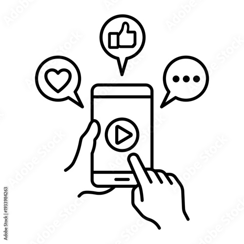 Hand holding mobile phone black line click button likes, comments and loves icon photo and video. Hand holding smartphone icon, label, logo, badge, symbol, sticker, flat vector, isolated illustration.