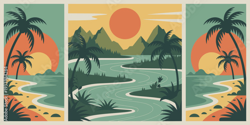 Vibrant Retro Tropical Sunset Triptych Scenic Palm Beach and Mountain View