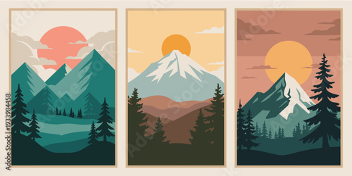 Set of Three Mountain Panorama Illustrations with Vibrant Sunset Hues