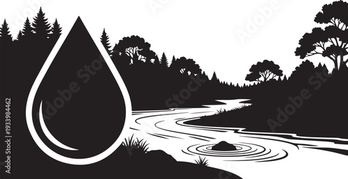 Serene black and white landscape with water drop symbol