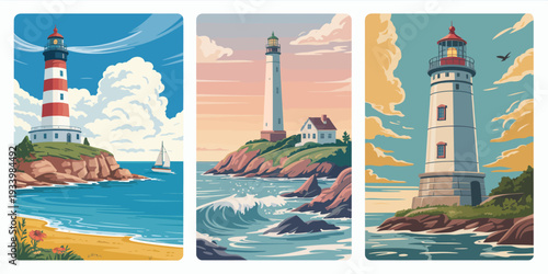 Lighthouse travel poster collection, vintage minimalist illustrations of coastal beacons and rocky cliffs