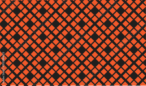 Vibrant orange and black geometric pattern background with repeating diamond shapes for striking abstract designs and modern textures