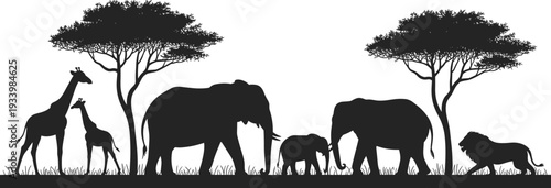 African wildlife safari silhouettes with trees isolated on white background