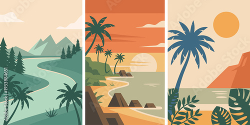 Nature travel triptych set, winding turquoise river and retro sunset beach illustration