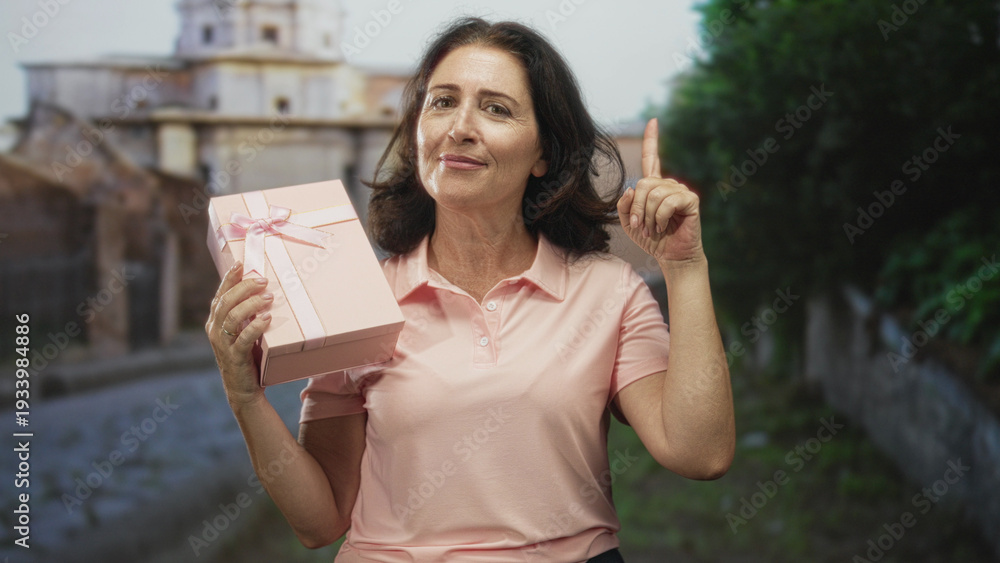 Fototapeta premium Woman holding pink gift box points finger upward on cobblestone street near historic building; celebration gratitude joy.