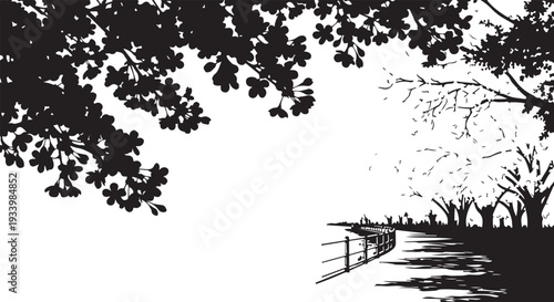 Silhouette of trees and fence on a white background