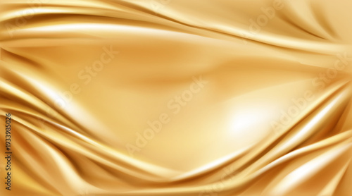 Silk fabric with golden liquid foil - abstract ribbon design. Luxury gold bg texture with smooth waves and shiny satin drapery swirl. Premium 3D pattern with elegant metallic gradient backdrop.