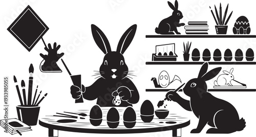 Rabbits painting Easter eggs in a creative studio setting